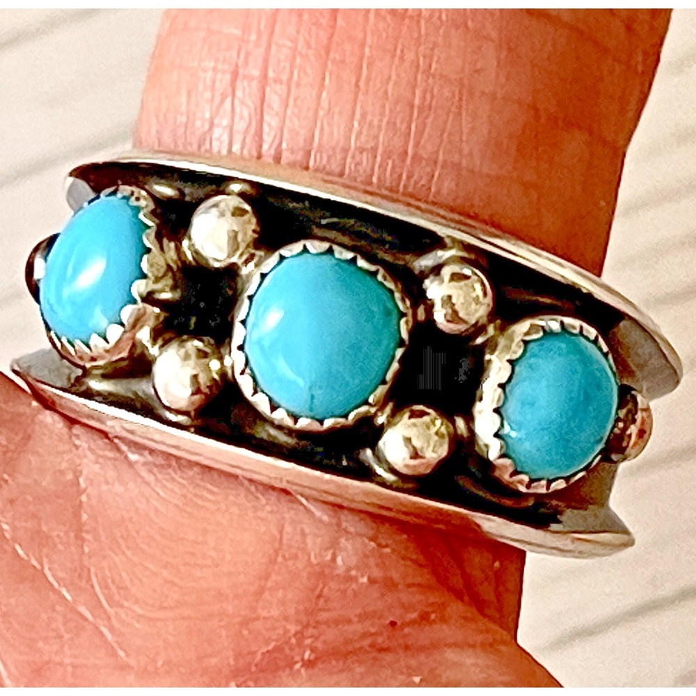 Navajo Turquoise Mens Band Sz 12 Three Stone Ring 12mm‎ Sterling Dark Native 5g